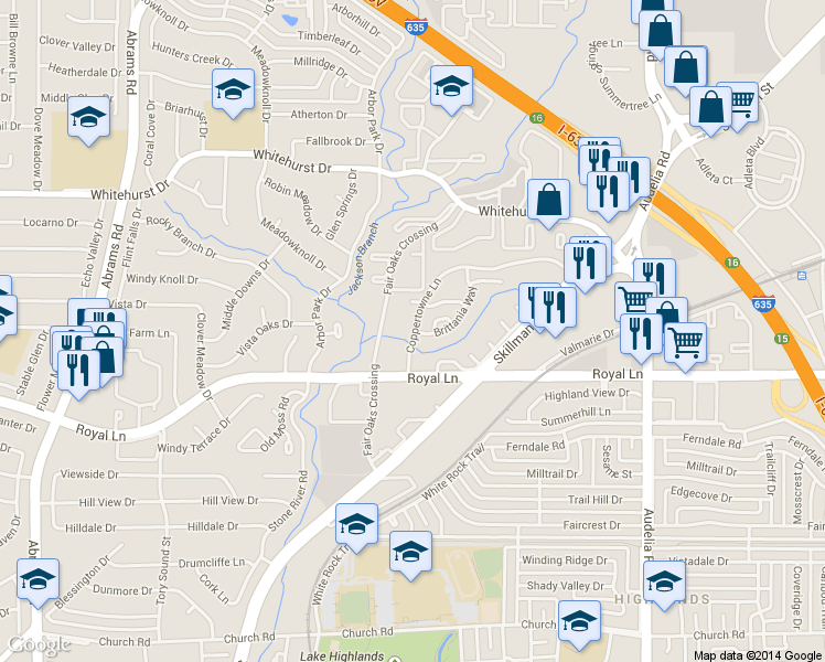 map of restaurants, bars, coffee shops, grocery stores, and more near 8307 Coppertowne Court in Dallas