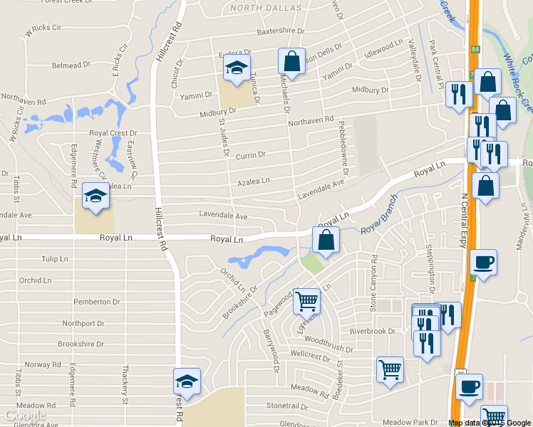 map of restaurants, bars, coffee shops, grocery stores, and more near 7211 Lavendale Circle in Dallas