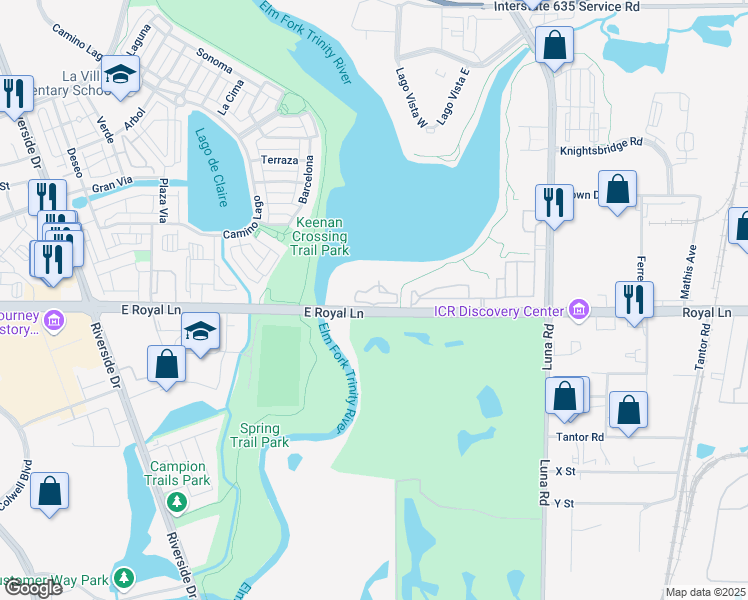 map of restaurants, bars, coffee shops, grocery stores, and more near 1521 Royal Lane in Dallas