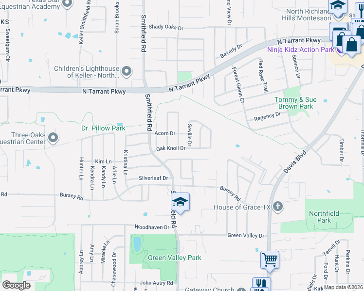 map of restaurants, bars, coffee shops, grocery stores, and more near 8009 Seville Drive in North Richland Hills