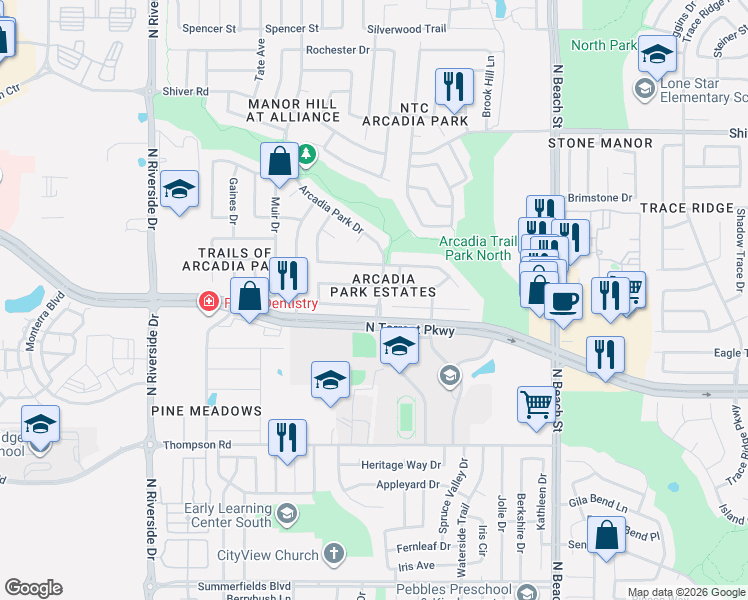 map of restaurants, bars, coffee shops, grocery stores, and more near 4172 Tupelo Trail in Fort Worth
