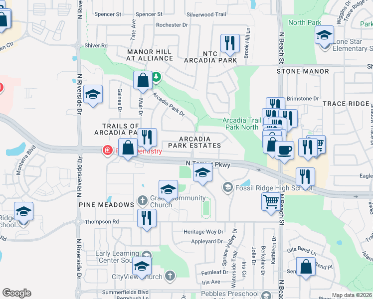 map of restaurants, bars, coffee shops, grocery stores, and more near 4172 Tupelo Trail in Fort Worth
