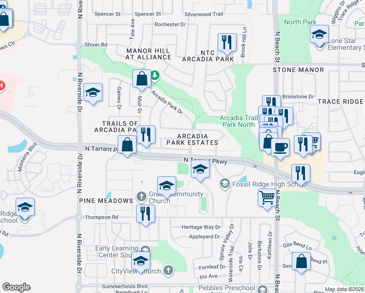 map of restaurants, bars, coffee shops, grocery stores, and more near 4172 Tupelo Trail in Fort Worth