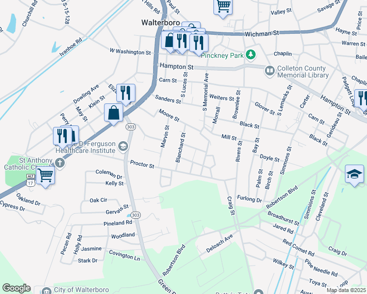 map of restaurants, bars, coffee shops, grocery stores, and more near 109 Harper Street in Walterboro