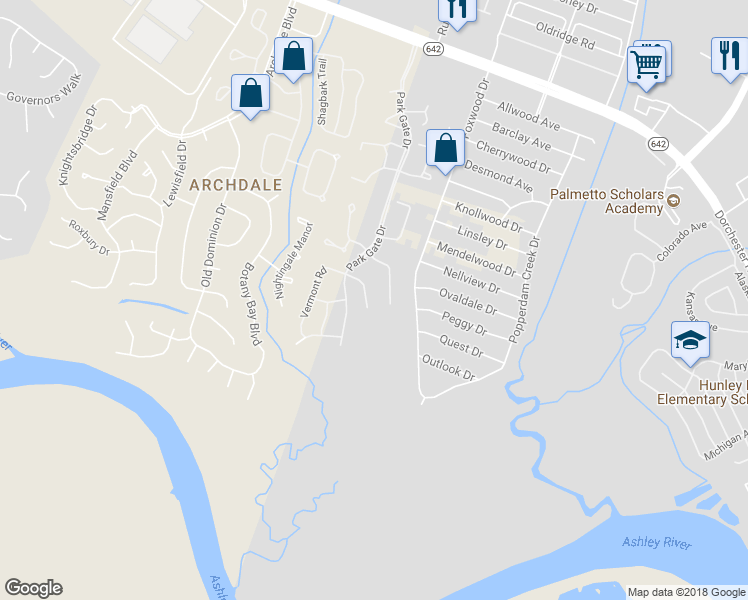 map of restaurants, bars, coffee shops, grocery stores, and more near 7870 Montview Road in North Charleston