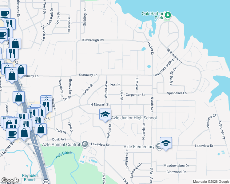 map of restaurants, bars, coffee shops, grocery stores, and more near 916 Poe Street in Azle