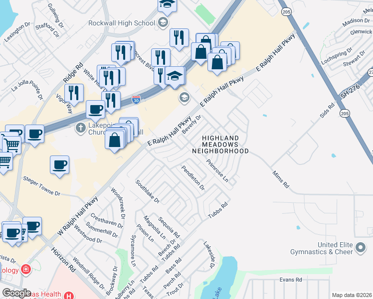map of restaurants, bars, coffee shops, grocery stores, and more near 158 Hampshire Lane in Rockwall