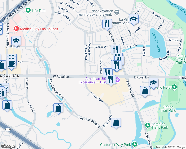 map of restaurants, bars, coffee shops, grocery stores, and more near 6419 Escena Boulevard in Irving
