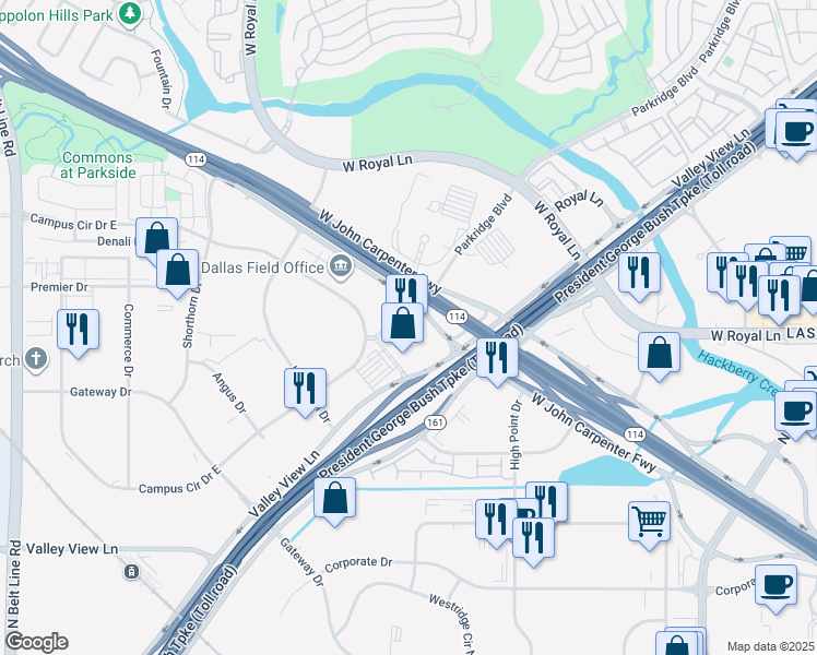 map of restaurants, bars, coffee shops, grocery stores, and more near 6363 Highway 161 in Irving