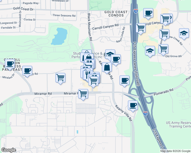 map of restaurants, bars, coffee shops, grocery stores, and more near 9555 Black Mountain Rd in San Diego