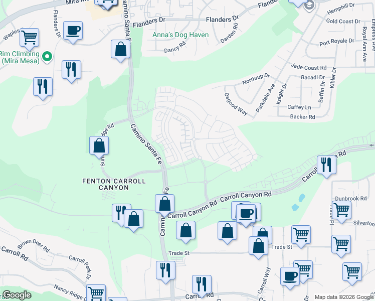 map of restaurants, bars, coffee shops, grocery stores, and more near Camino Santa Fe in San Diego