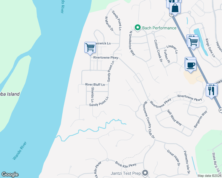 map of restaurants, bars, coffee shops, grocery stores, and more near 2161 Sandy Point Lane in Mount Pleasant