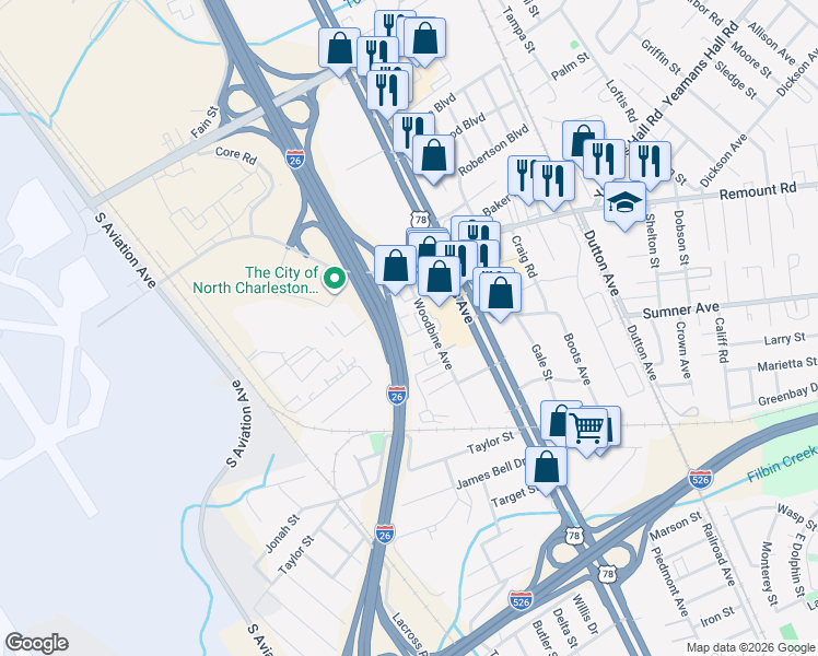 map of restaurants, bars, coffee shops, grocery stores, and more near 205 Woodbine Avenue in Charleston