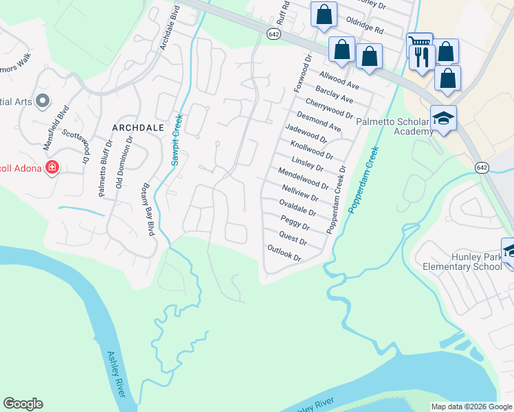 map of restaurants, bars, coffee shops, grocery stores, and more near 7847 Sabalridge Drive in North Charleston