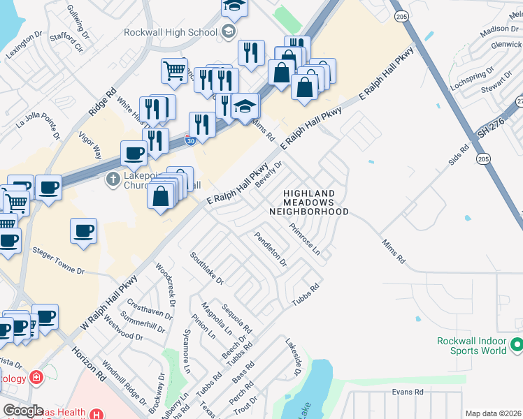 map of restaurants, bars, coffee shops, grocery stores, and more near 158 Hampshire Lane in Rockwall