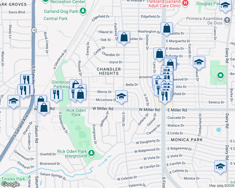 map of restaurants, bars, coffee shops, grocery stores, and more near 517 Morris Drive in Garland