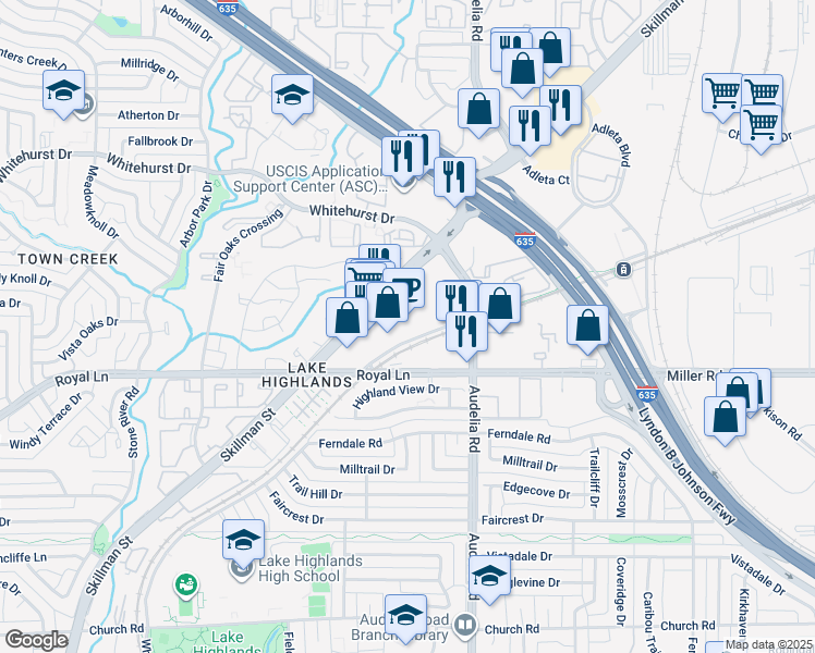 map of restaurants, bars, coffee shops, grocery stores, and more near 9090 Skillman Street in Dallas