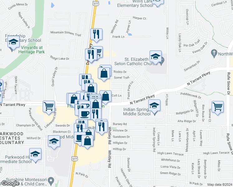 map of restaurants, bars, coffee shops, grocery stores, and more near 209 Colt Lane in Keller