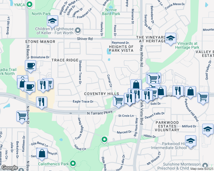map of restaurants, bars, coffee shops, grocery stores, and more near 8644 Lariat Circle in Fort Worth