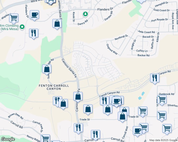 map of restaurants, bars, coffee shops, grocery stores, and more near Camino Santa Fe in San Diego
