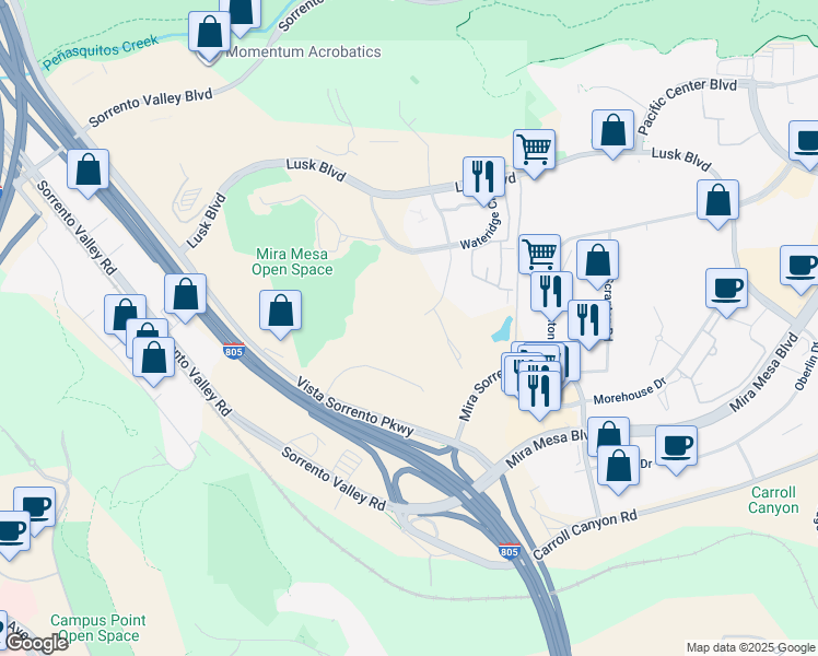 map of restaurants, bars, coffee shops, grocery stores, and more near 5005 Wateridge Vista Drive in San Diego