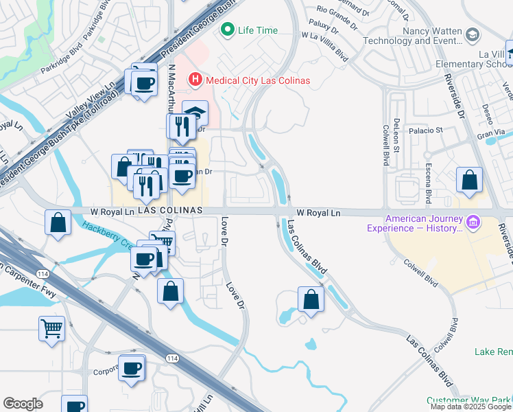 map of restaurants, bars, coffee shops, grocery stores, and more near 556 Reale Drive in Irving