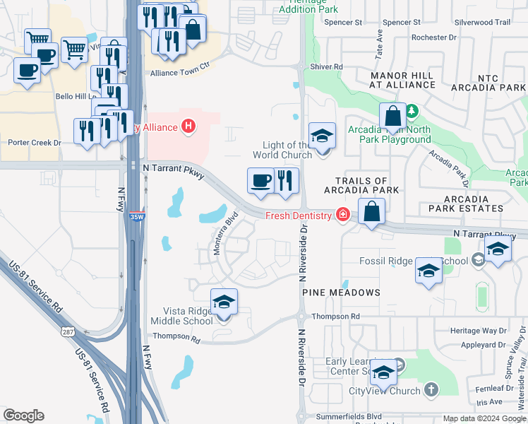 map of restaurants, bars, coffee shops, grocery stores, and more near 8509 Old Denton Road in Fort Worth
