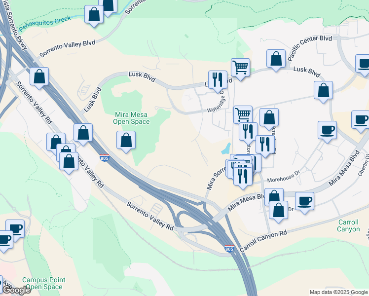 map of restaurants, bars, coffee shops, grocery stores, and more near 5005 Wateridge Vista Drive in San Diego