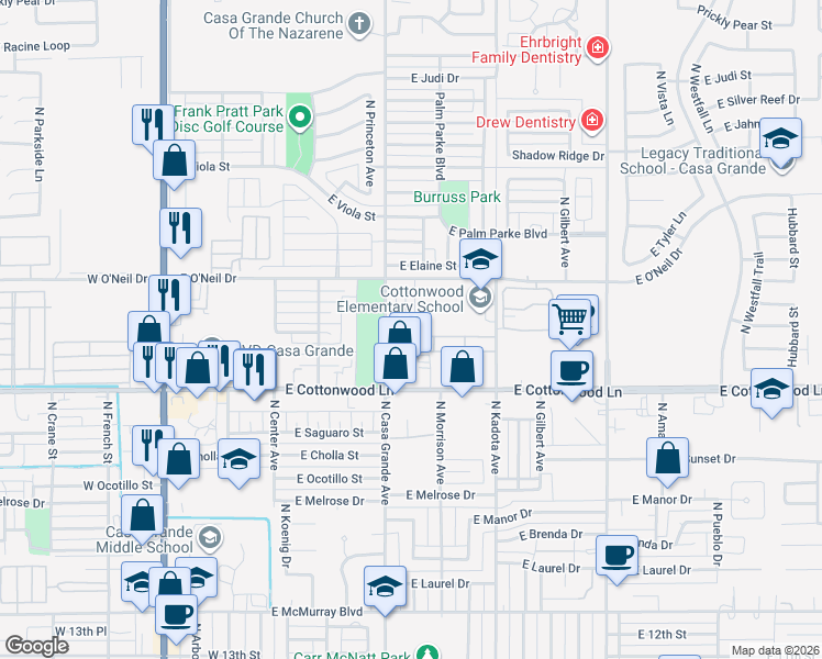 map of restaurants, bars, coffee shops, grocery stores, and more near 1658 North Cameron Street in Casa Grande