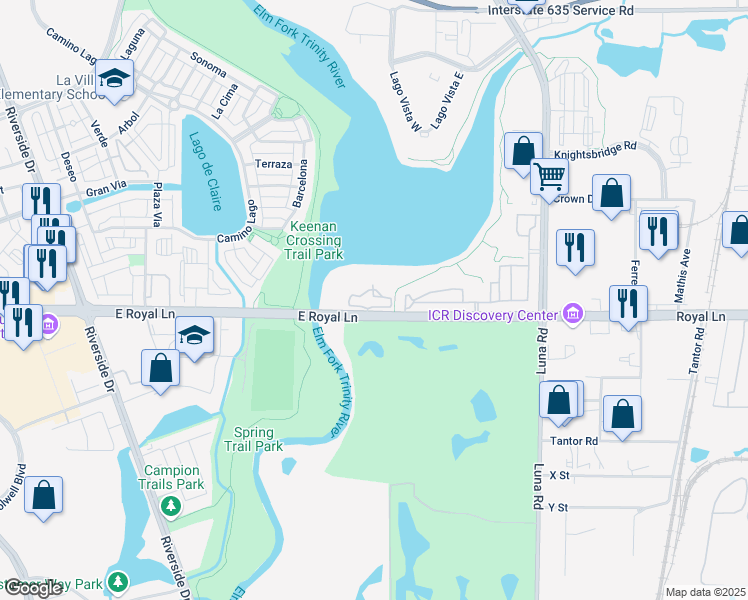 map of restaurants, bars, coffee shops, grocery stores, and more near 1521 Royal Lane in Dallas