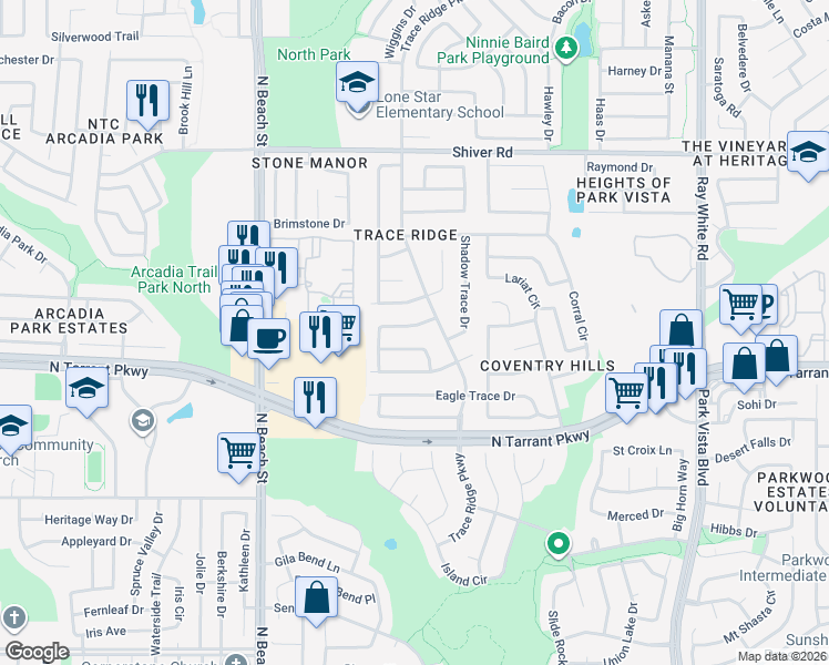 map of restaurants, bars, coffee shops, grocery stores, and more near 4717 Sterling Trace Circle in Fort Worth
