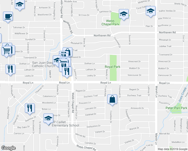 map of restaurants, bars, coffee shops, grocery stores, and more near 3323 Leahy Drive in Dallas