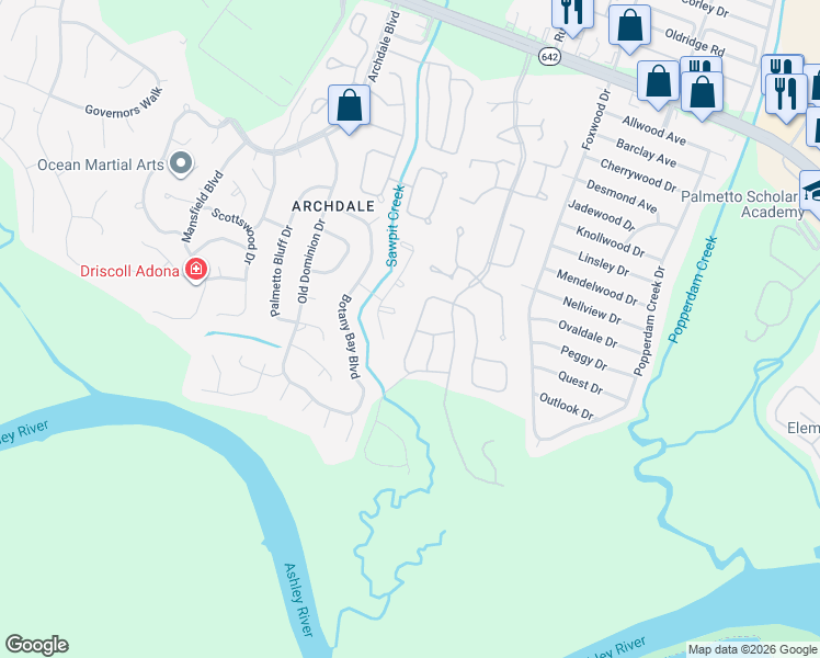 map of restaurants, bars, coffee shops, grocery stores, and more near 8025 Vermont Road in North Charleston