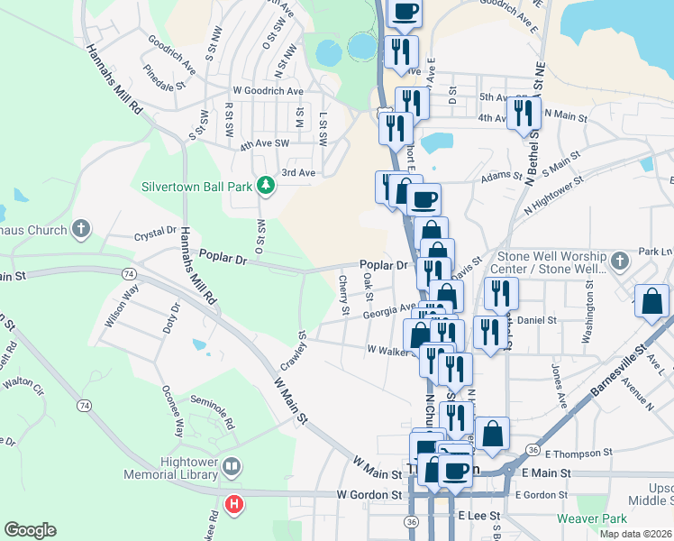 map of restaurants, bars, coffee shops, grocery stores, and more near 607 Cherry Street in Thomaston