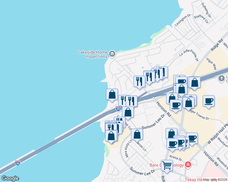 map of restaurants, bars, coffee shops, grocery stores, and more near 2046 Pontchartrain Drive in Rockwall