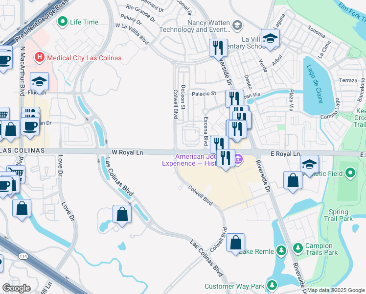 map of restaurants, bars, coffee shops, grocery stores, and more near 6423 East Royal Lane in Irving