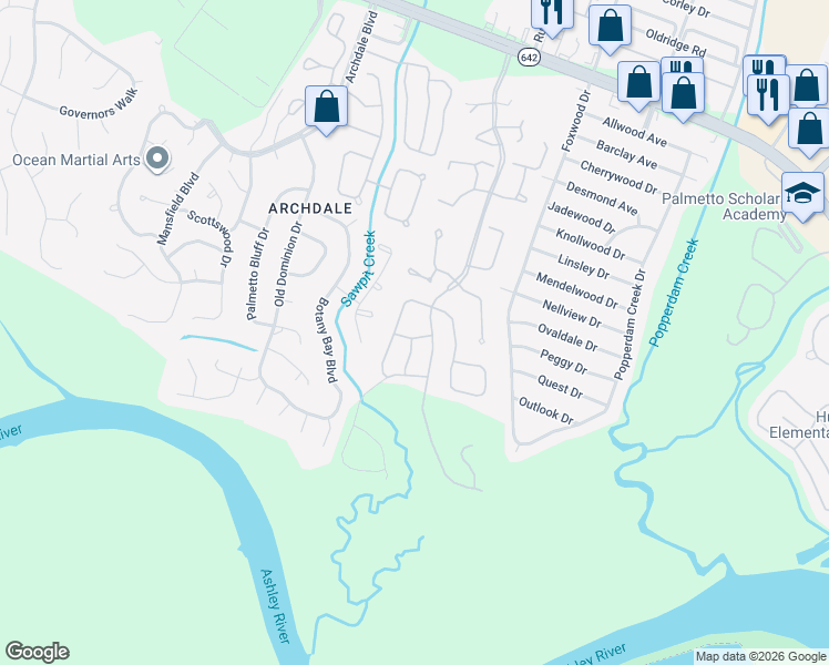 map of restaurants, bars, coffee shops, grocery stores, and more near 7968 Vermont Road in North Charleston