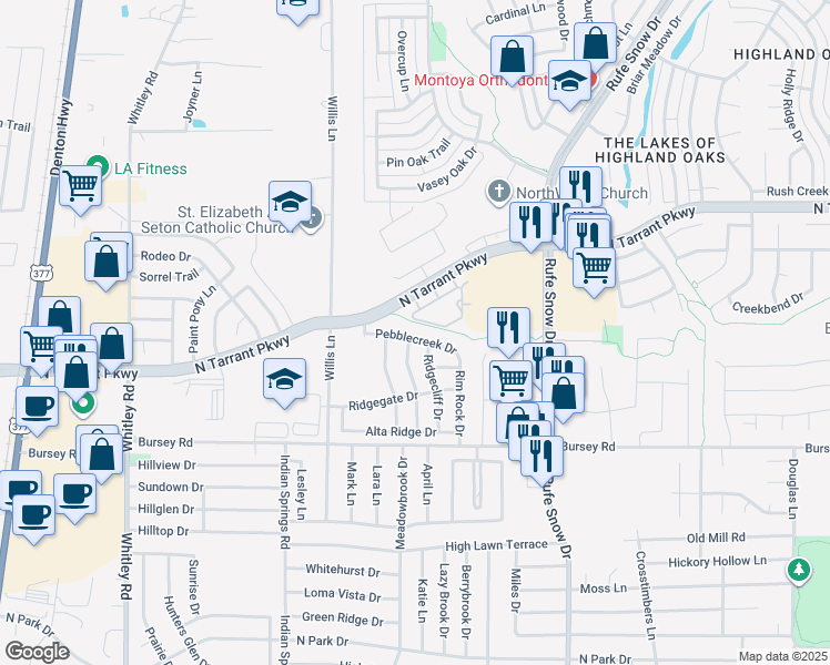 map of restaurants, bars, coffee shops, grocery stores, and more near 433 Pebblecreek Drive in Keller