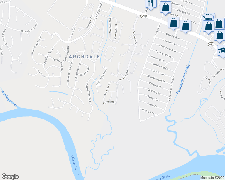 map of restaurants, bars, coffee shops, grocery stores, and more near 7943 Ruskin Road in North Charleston