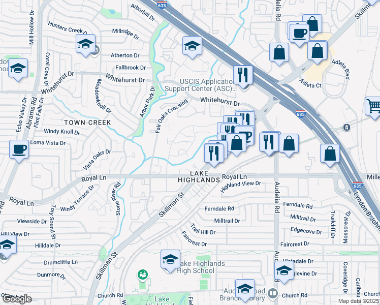 map of restaurants, bars, coffee shops, grocery stores, and more near 8500 Gray Rock in Dallas