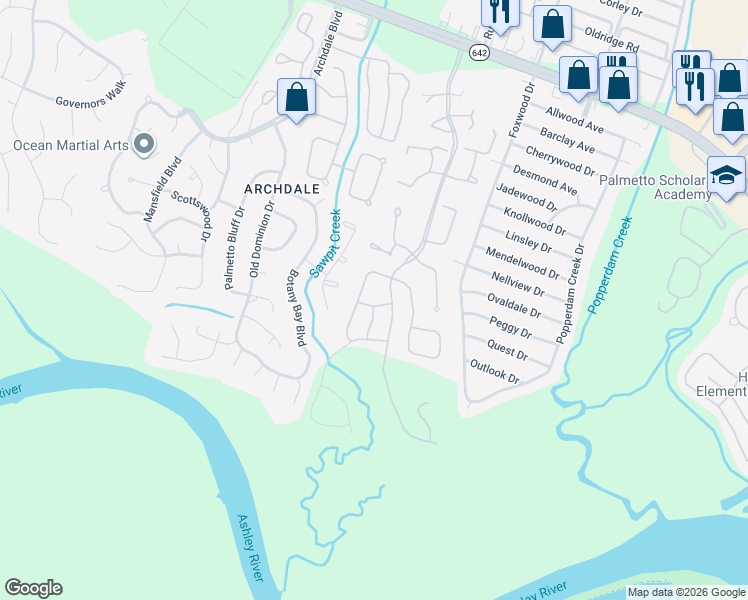 map of restaurants, bars, coffee shops, grocery stores, and more near 7947 Ruskin Road in North Charleston