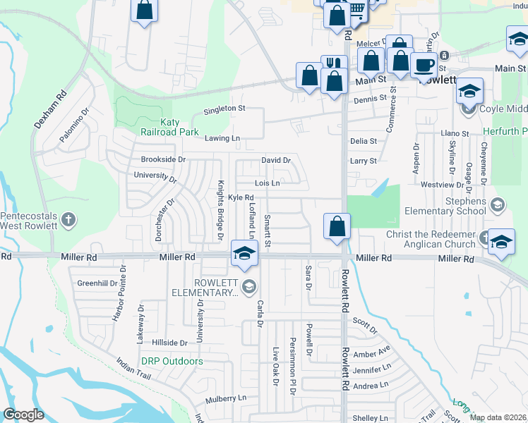 map of restaurants, bars, coffee shops, grocery stores, and more near 3809 Smartt Street in Rowlett