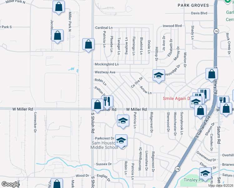 map of restaurants, bars, coffee shops, grocery stores, and more near 1805 Patricia Lane in Garland