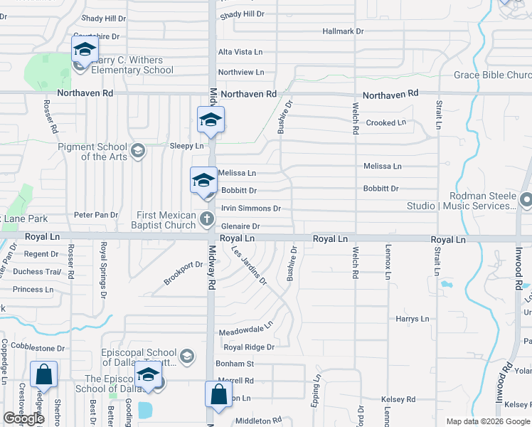 map of restaurants, bars, coffee shops, grocery stores, and more near 4307 Irvin Simmons Drive in Dallas