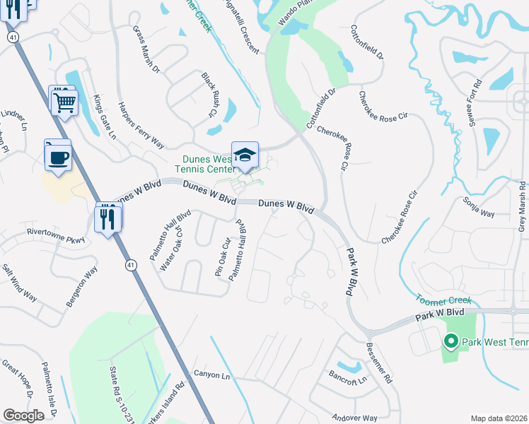 map of restaurants, bars, coffee shops, grocery stores, and more near 1600 Cypress Pointe Drive in Mount Pleasant