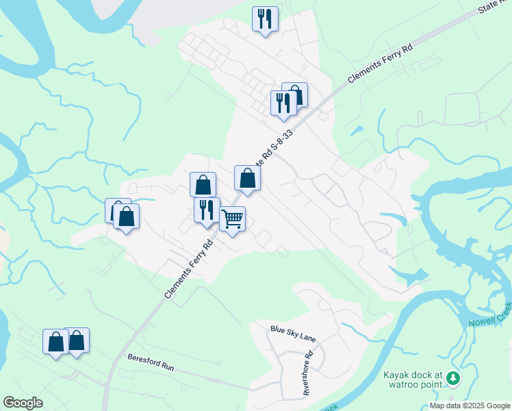 map of restaurants, bars, coffee shops, grocery stores, and more near 2475 Clements Ferry Road in Charleston
