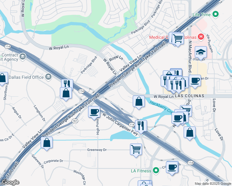 map of restaurants, bars, coffee shops, grocery stores, and more near 6031 Connection Drive in Irving