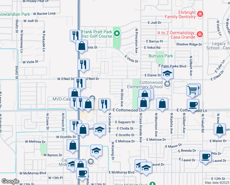 map of restaurants, bars, coffee shops, grocery stores, and more near 207 East Evelyn Street in Casa Grande