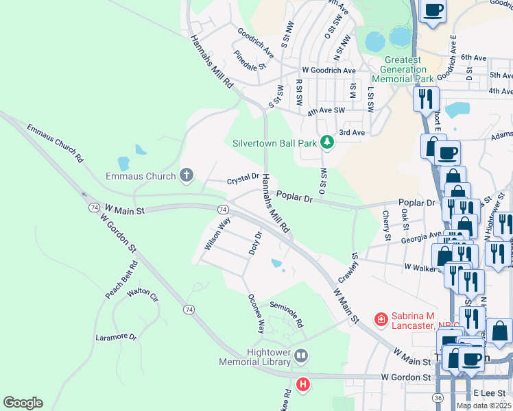 map of restaurants, bars, coffee shops, grocery stores, and more near 701 Poplar Drive in Thomaston