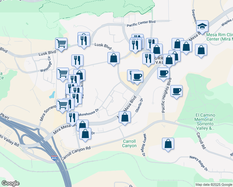 map of restaurants, bars, coffee shops, grocery stores, and more near 5775 Morehouse Drive in San Diego